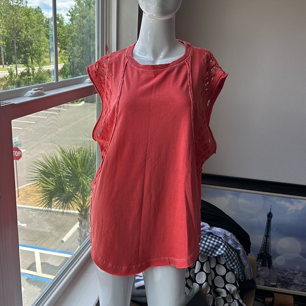 Free People Coral Lace Sleeve Tunic